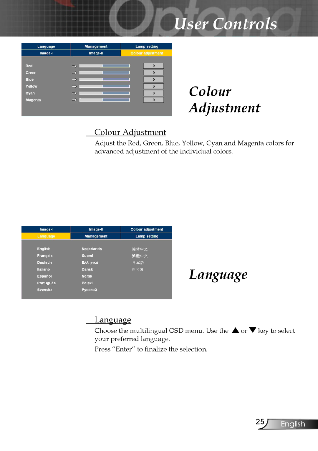 Optoma Technology EP747 manual Colour Adjustment, Language 