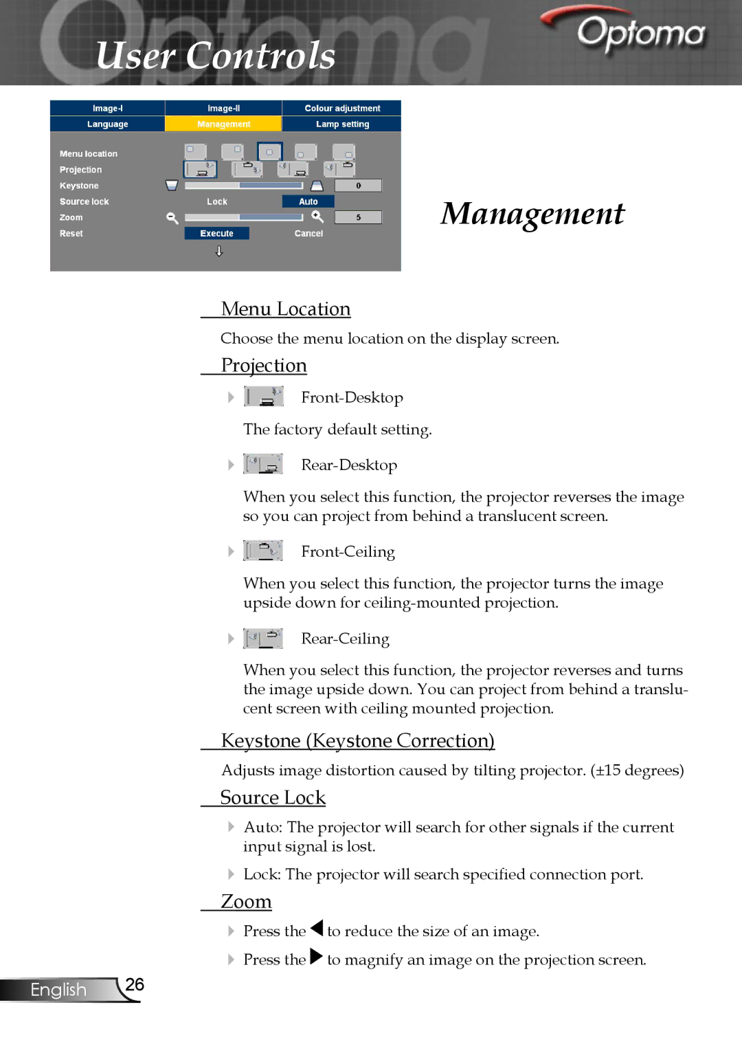 Optoma Technology EP747 manual Menu Location, Projection, Keystone Keystone Correction, Source Lock, Zoom 