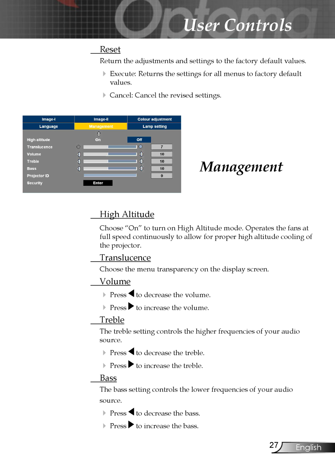 Optoma Technology EP747 manual Reset, High Altitude, Translucence, Volume, Treble, Bass 