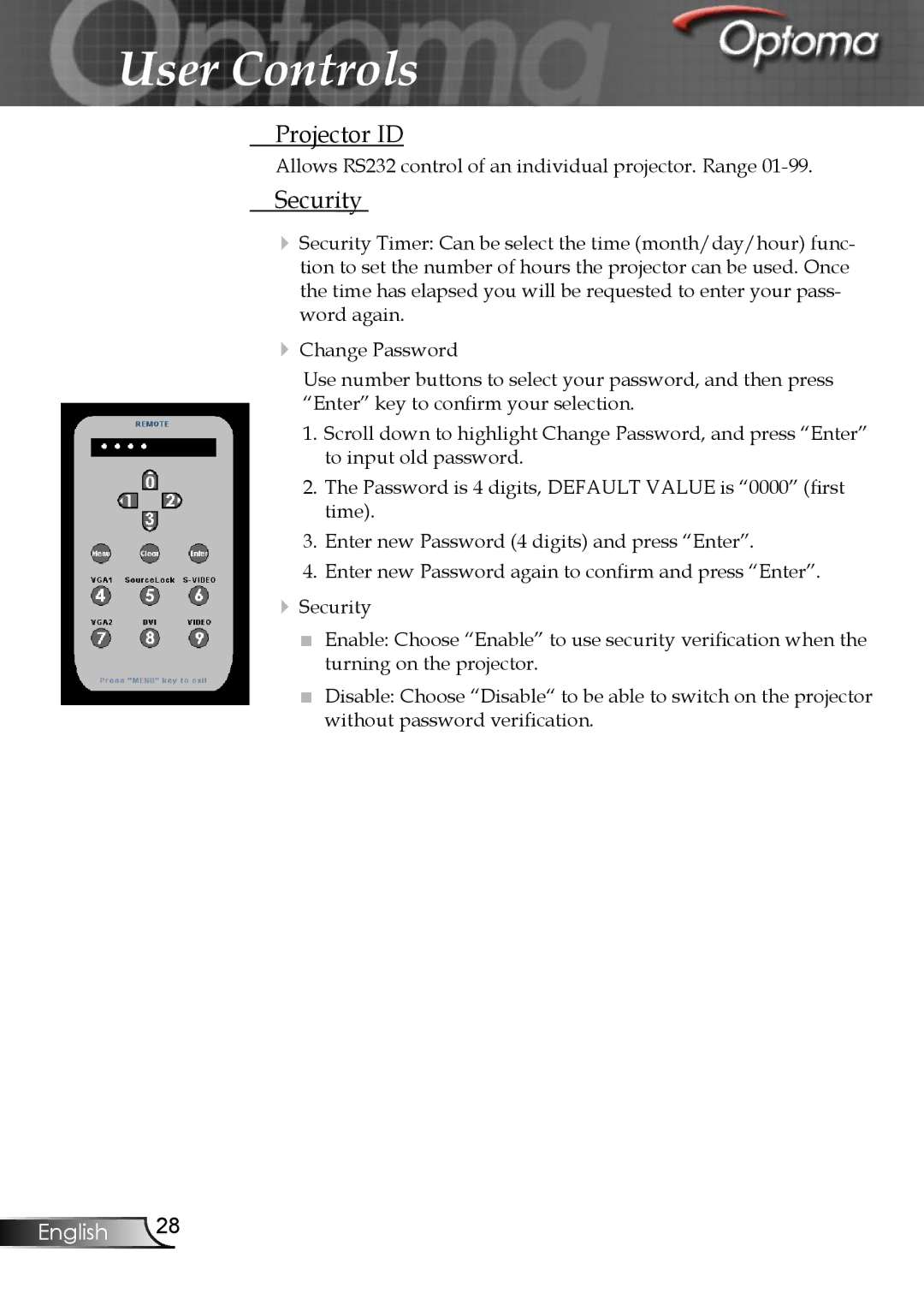 Optoma Technology EP747 manual Projector ID, Security 