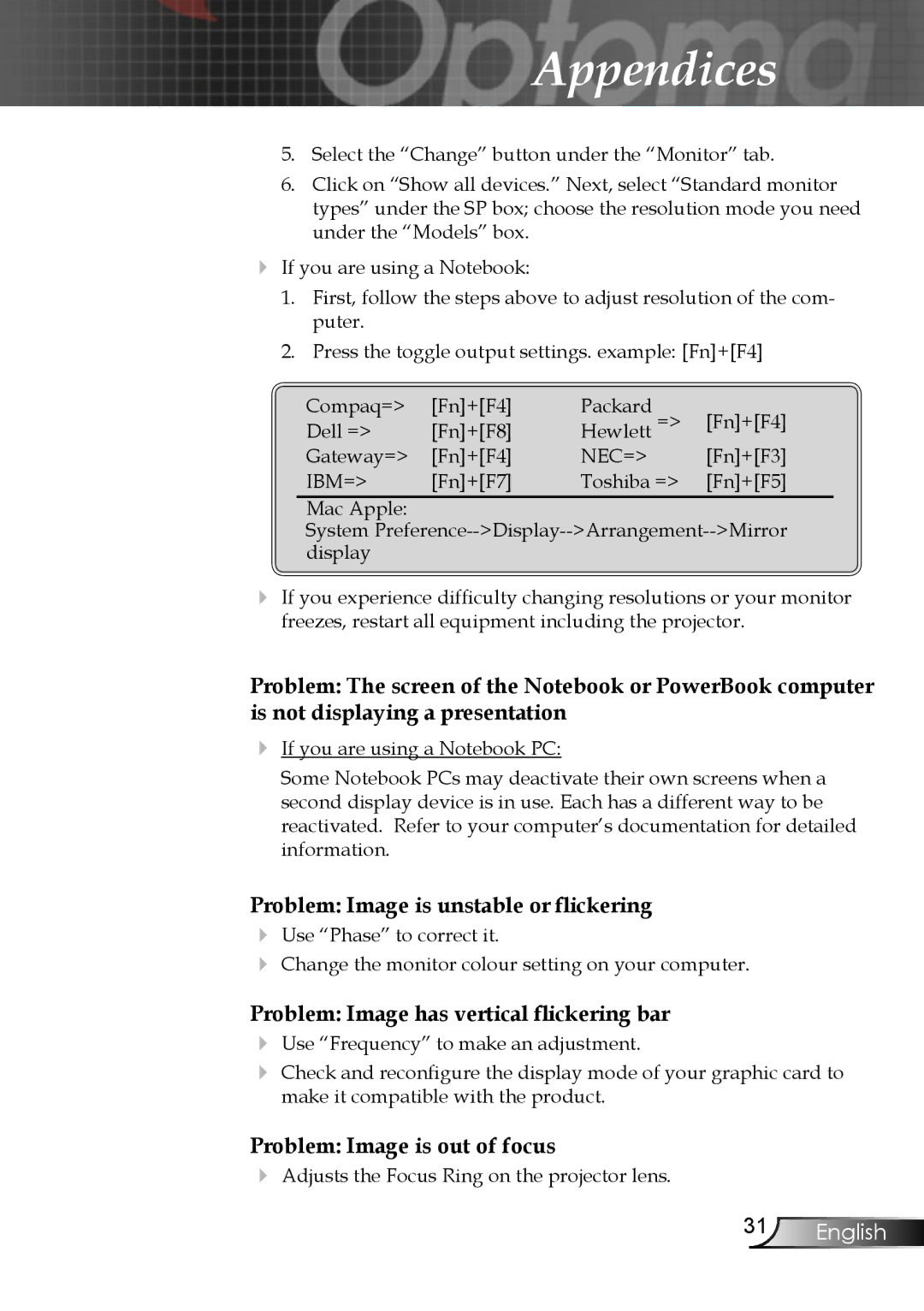 Optoma Technology EP747 manual Problem Image is unstable or ﬂickering 