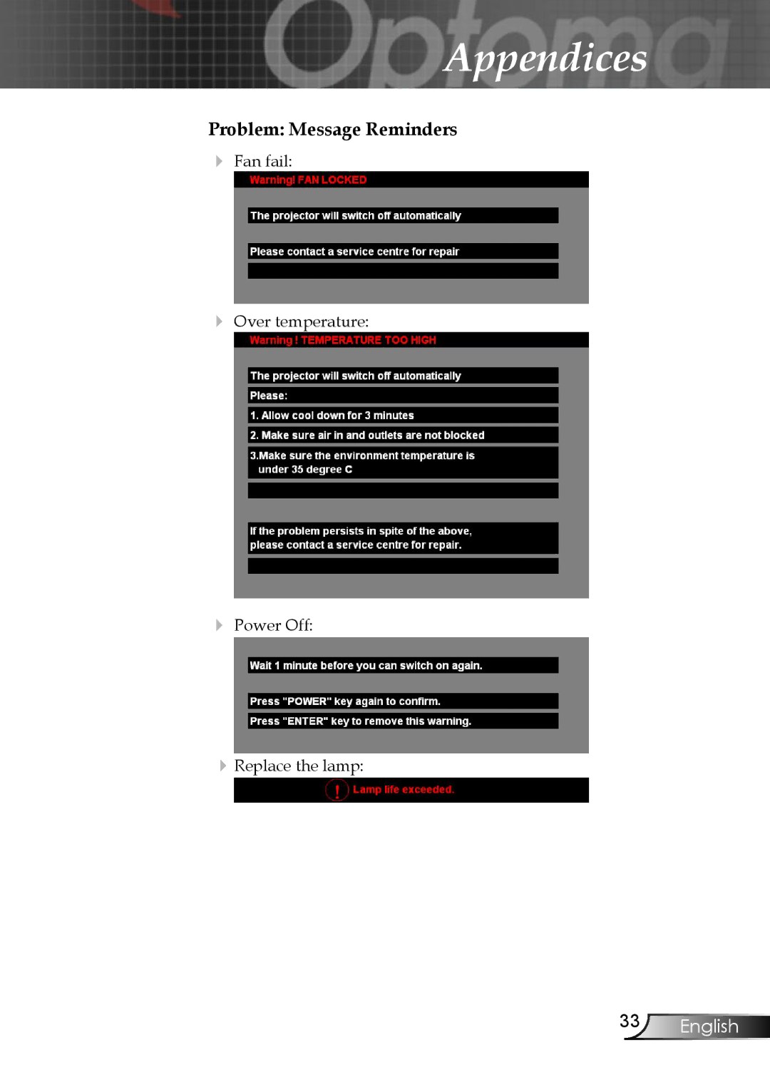 Optoma Technology EP747 manual Problem Message Reminders 