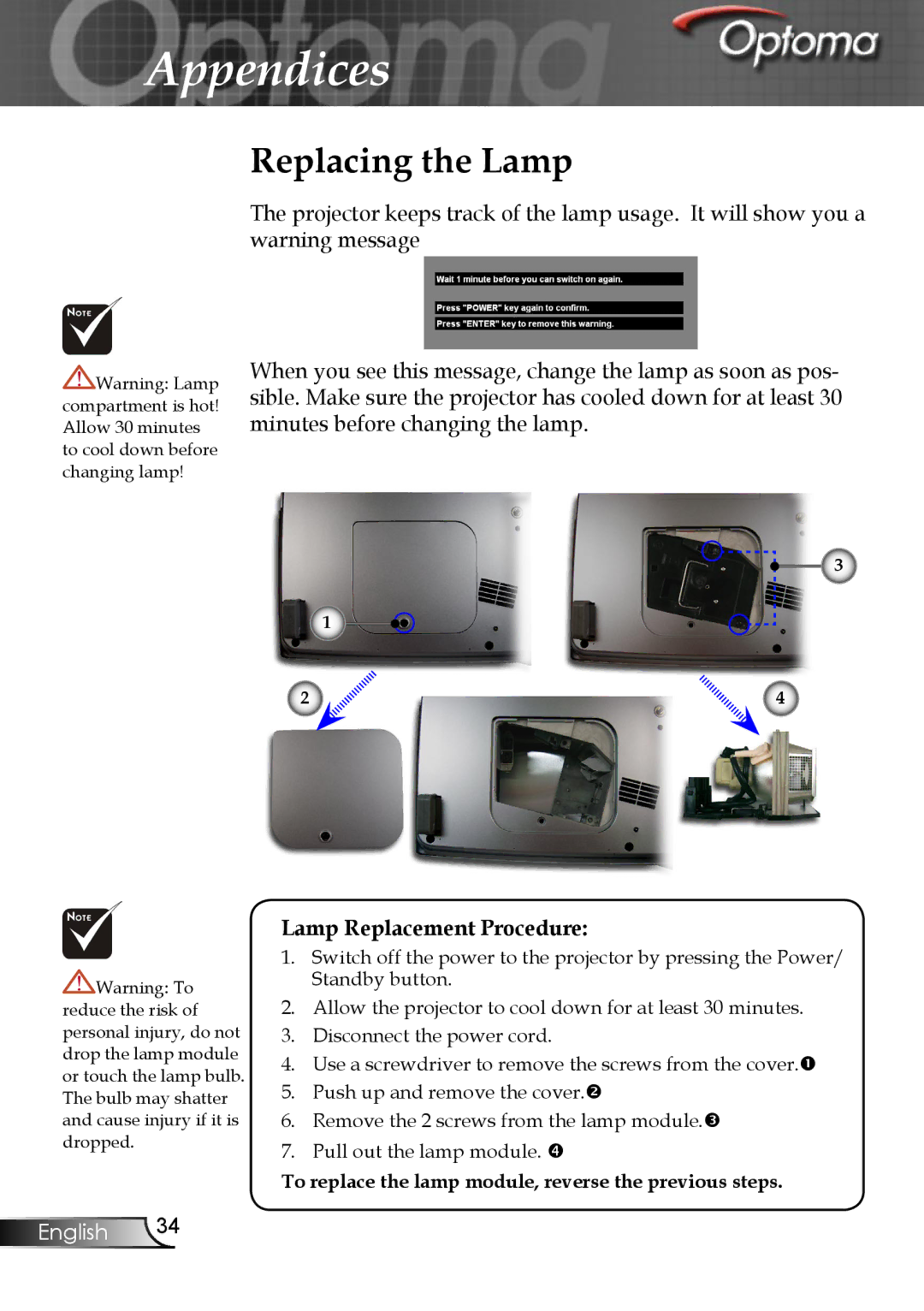 Optoma Technology EP747 manual Replacing the Lamp, Lamp Replacement Procedure 