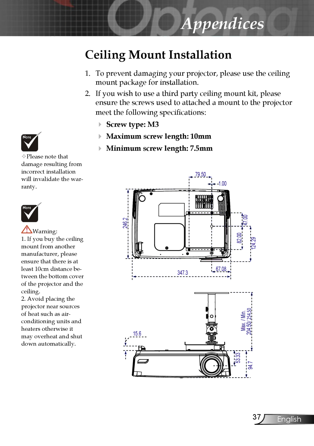 Optoma Technology EP747 manual Ceiling Mount Installation 