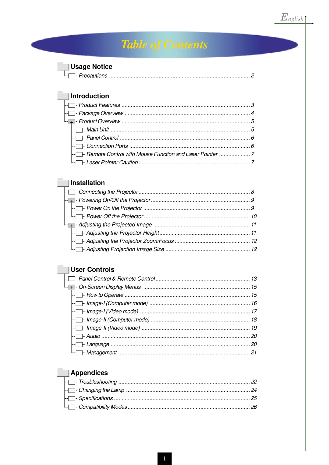 Optoma Technology EP750 specifications Table of Contents 