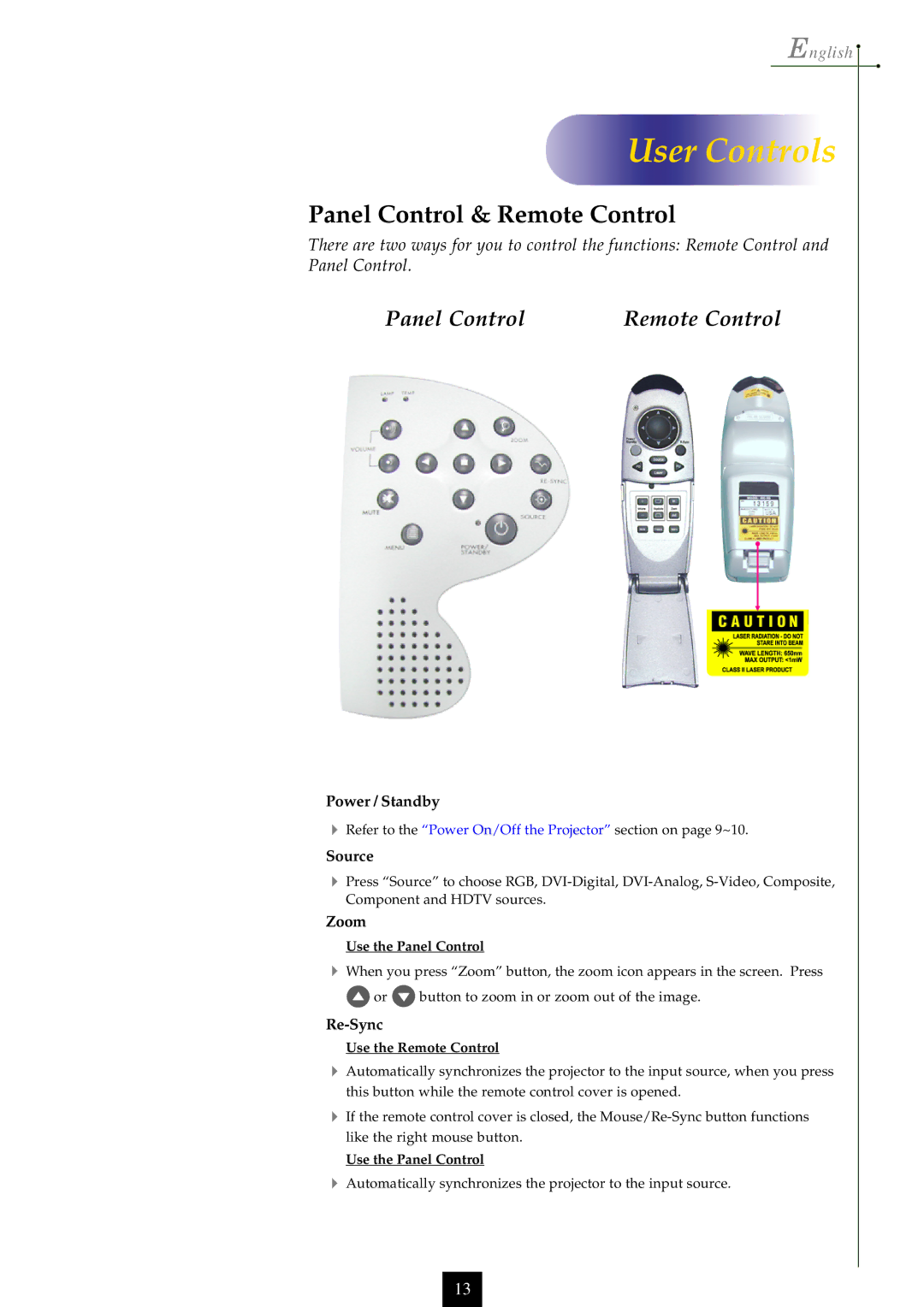 Optoma Technology EP750 specifications User Controls, Panel Control & Remote Control 