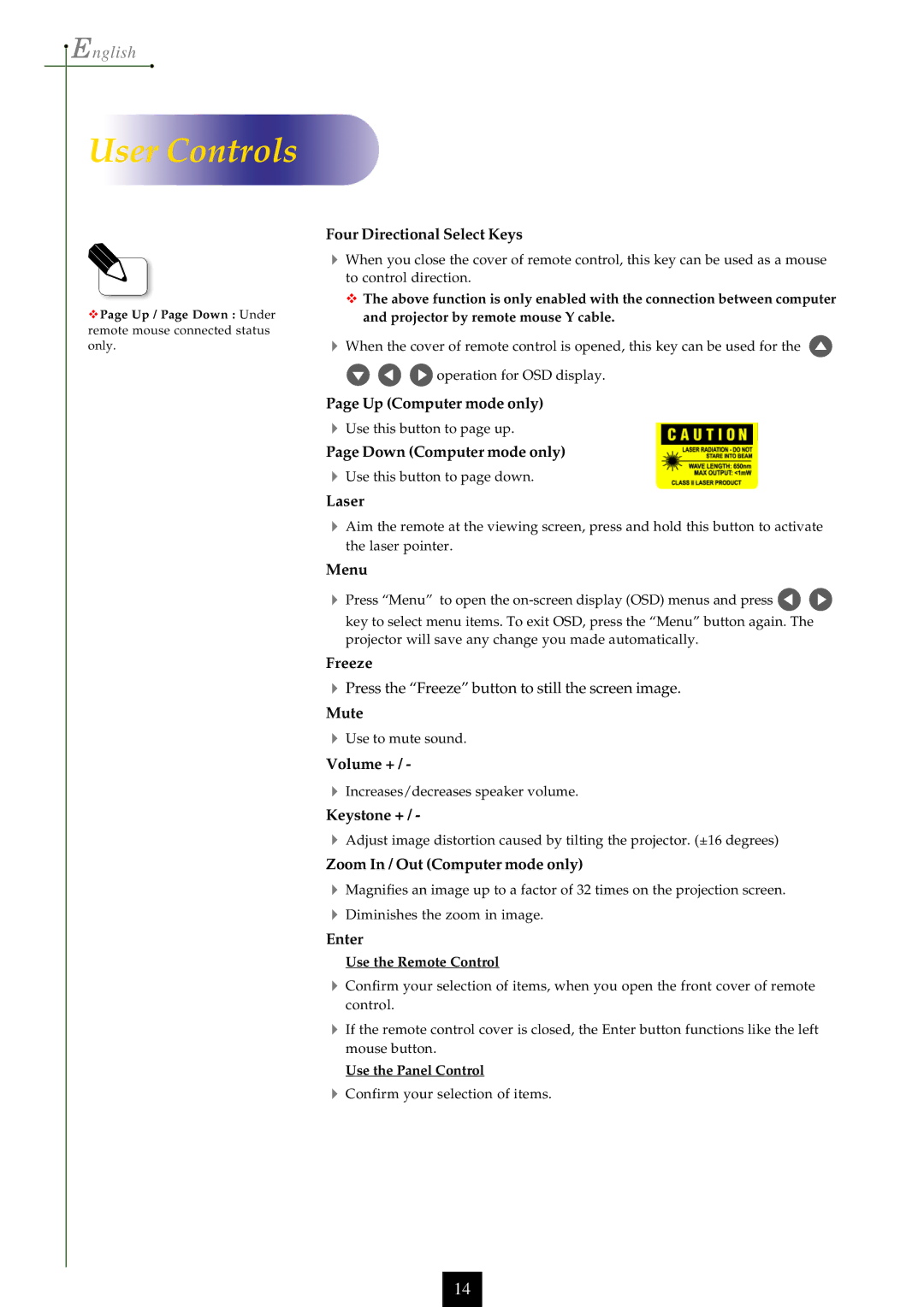 Optoma Technology EP750 specifications Up Computer mode only 