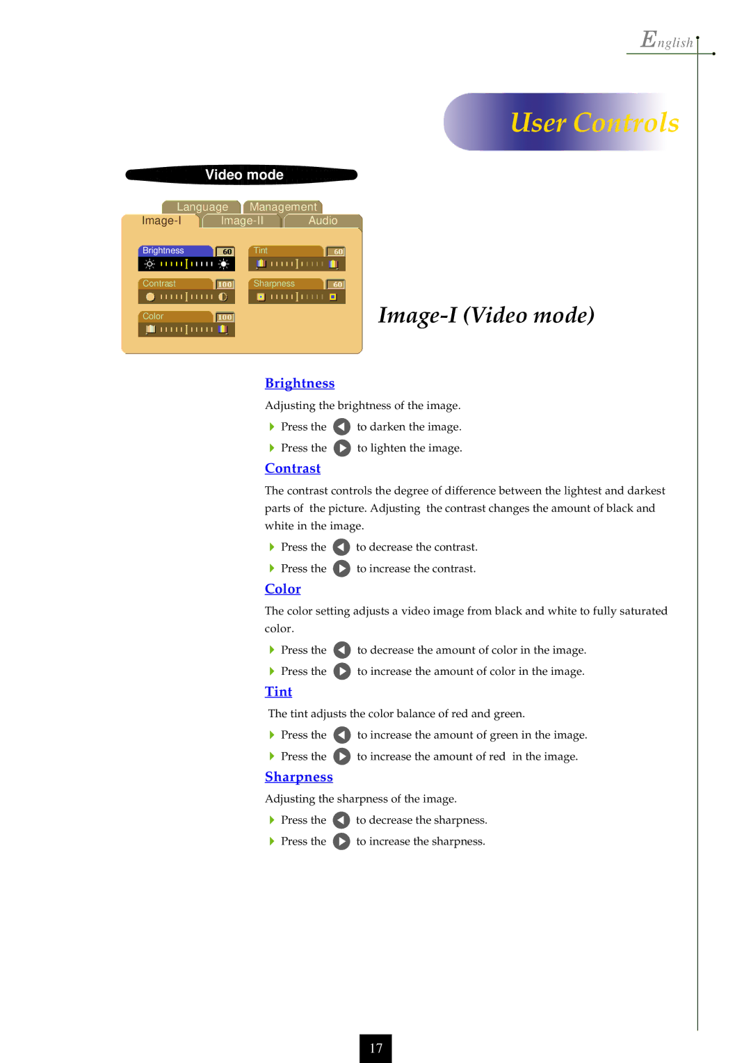 Optoma Technology EP750 specifications Image-I Video mode, Color, Tint, Sharpness 