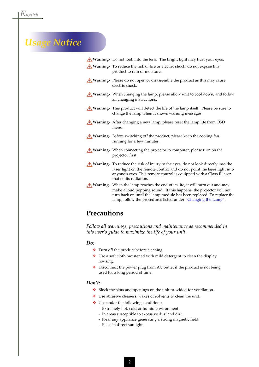 Optoma Technology EP750 specifications Usage Notice, Precautions 