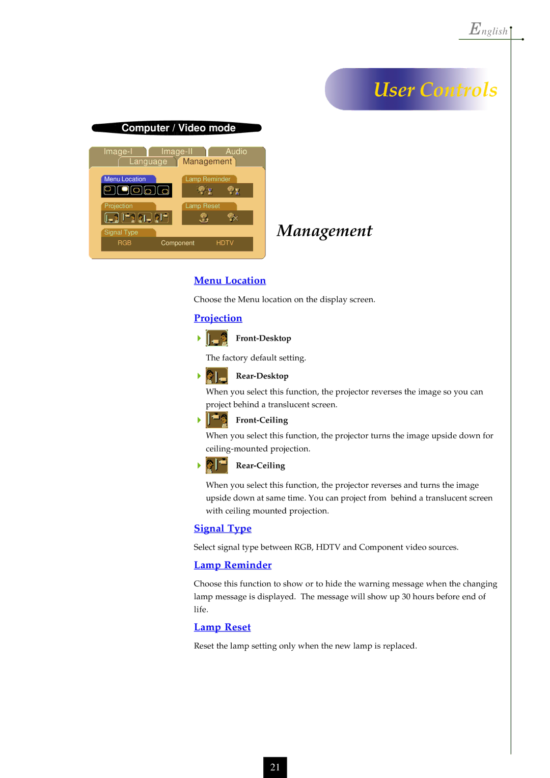 Optoma Technology EP750 specifications Management 