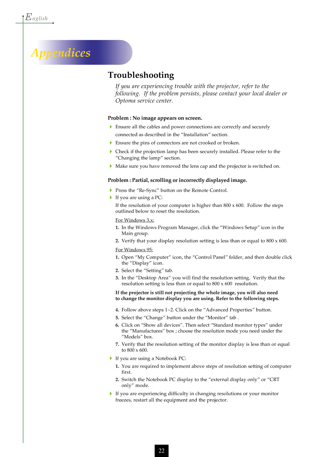 Optoma Technology EP750 specifications Appendices 