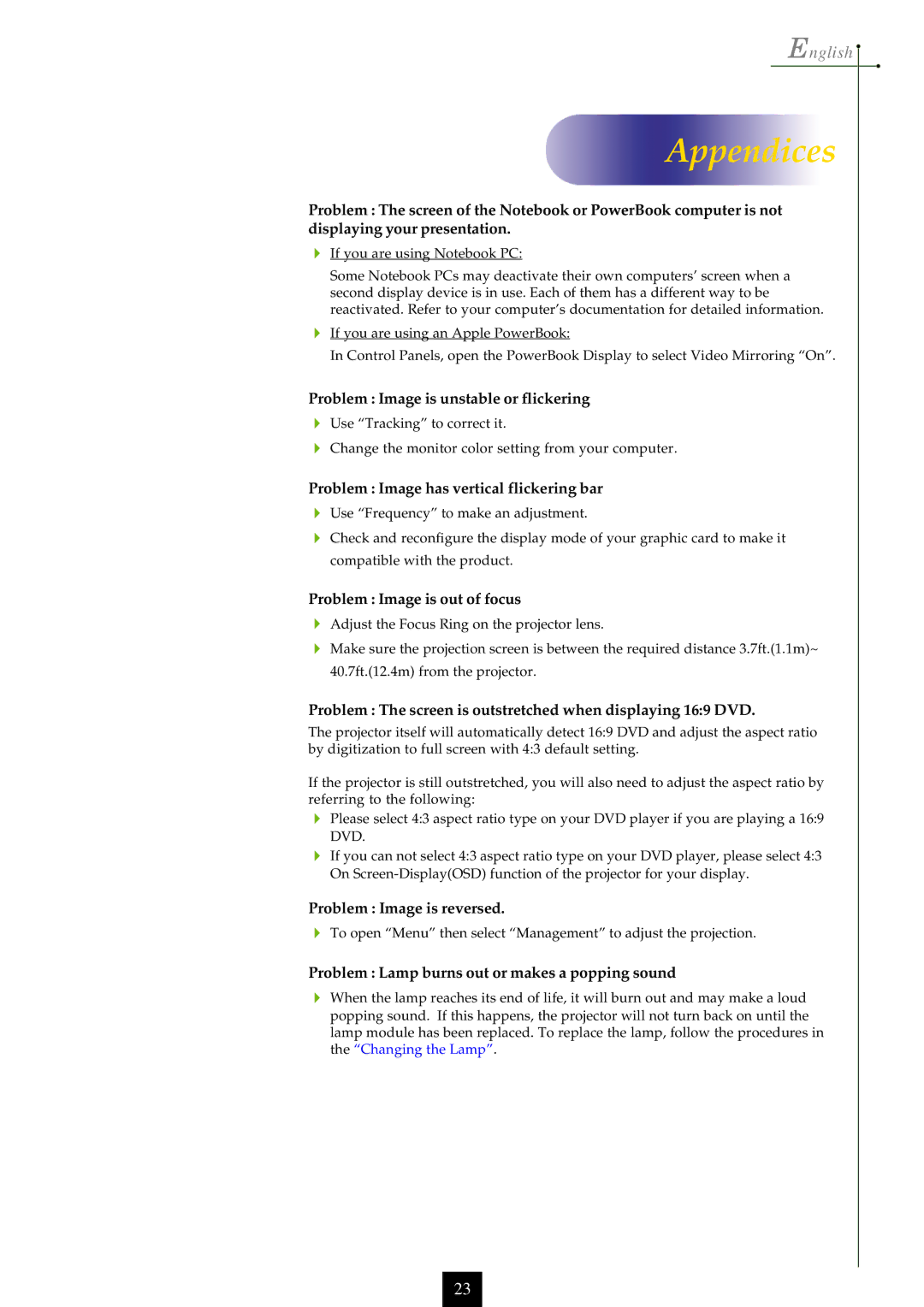 Optoma Technology EP750 specifications Problem Image is unstable or flickering 