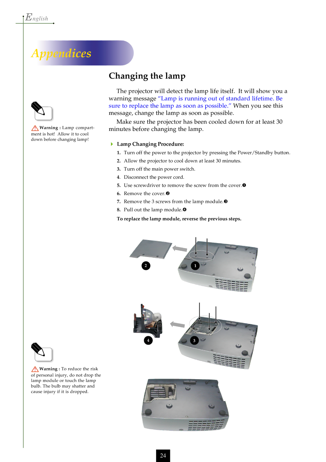 Optoma Technology EP750 specifications Changing the lamp, Lamp Changing Procedure 