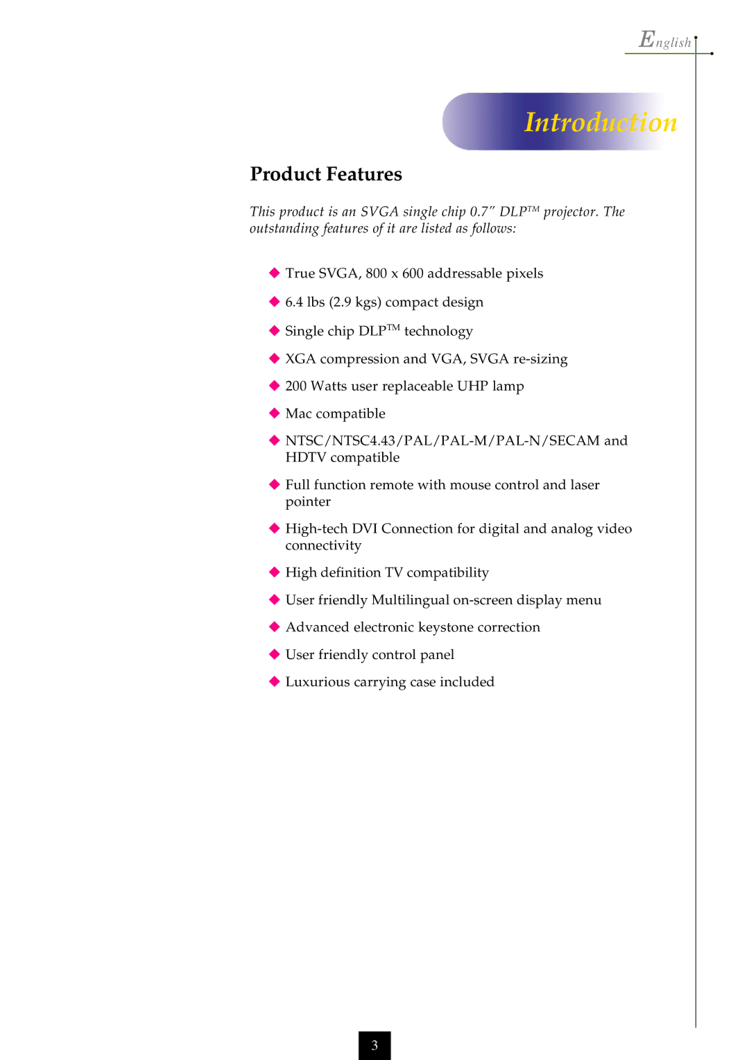 Optoma Technology EP750 specifications Introduction, Product Features 