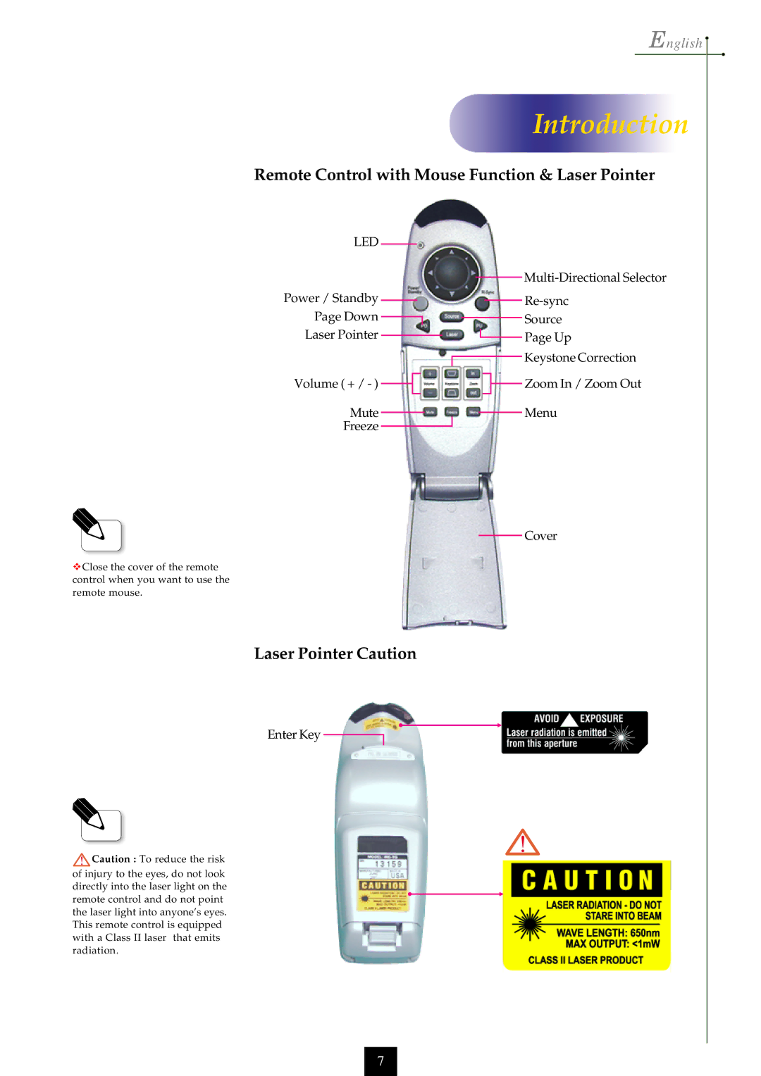 Optoma Technology EP750 specifications Remote Control with Mouse Function & Laser Pointer, Laser Pointer Caution 