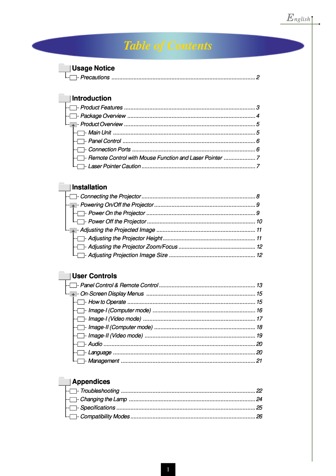 Optoma Technology EP750 specifications Table of Contents, English, Usage Notice, Introduction, Installation, User Controls 