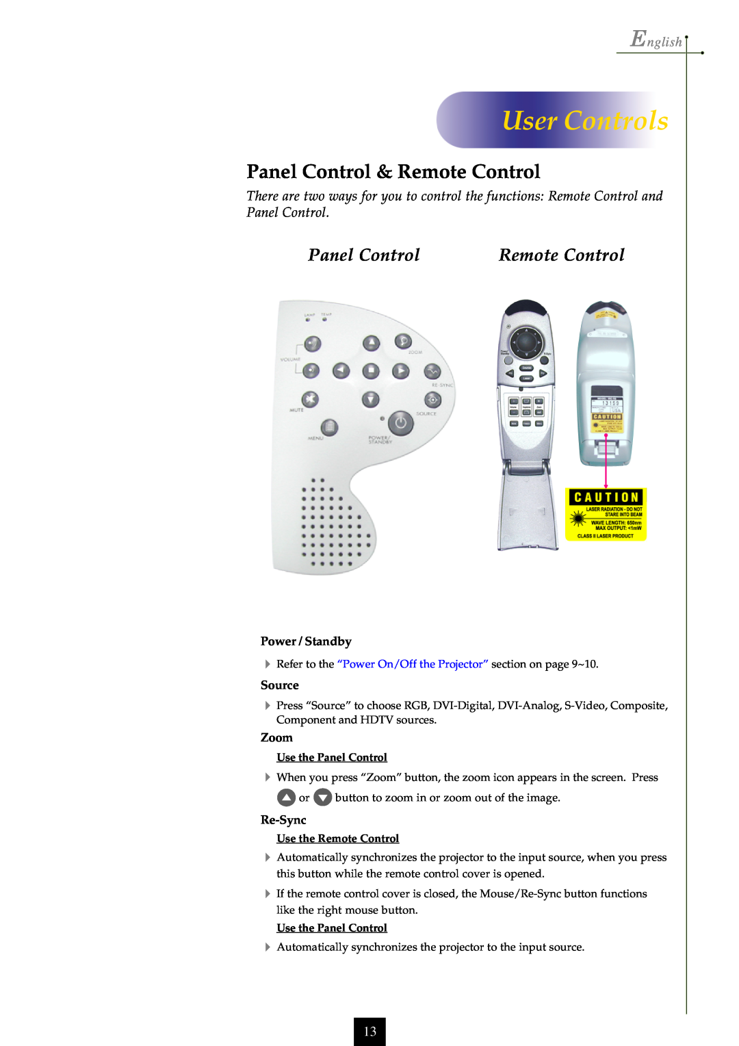 Optoma Technology EP750 specifications User Controls, Panel Control & Remote Control, English, Use the Panel Control 