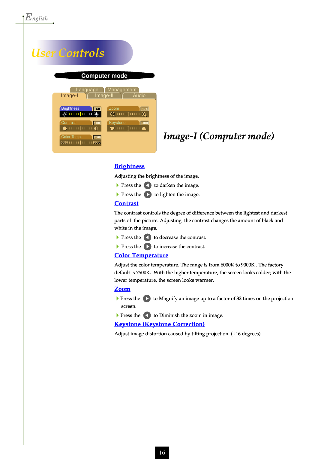 Optoma Technology EP750 Image-I Computer mode, Brightness, Contrast, Color Temperature, Zoom, Keystone Keystone Correction 