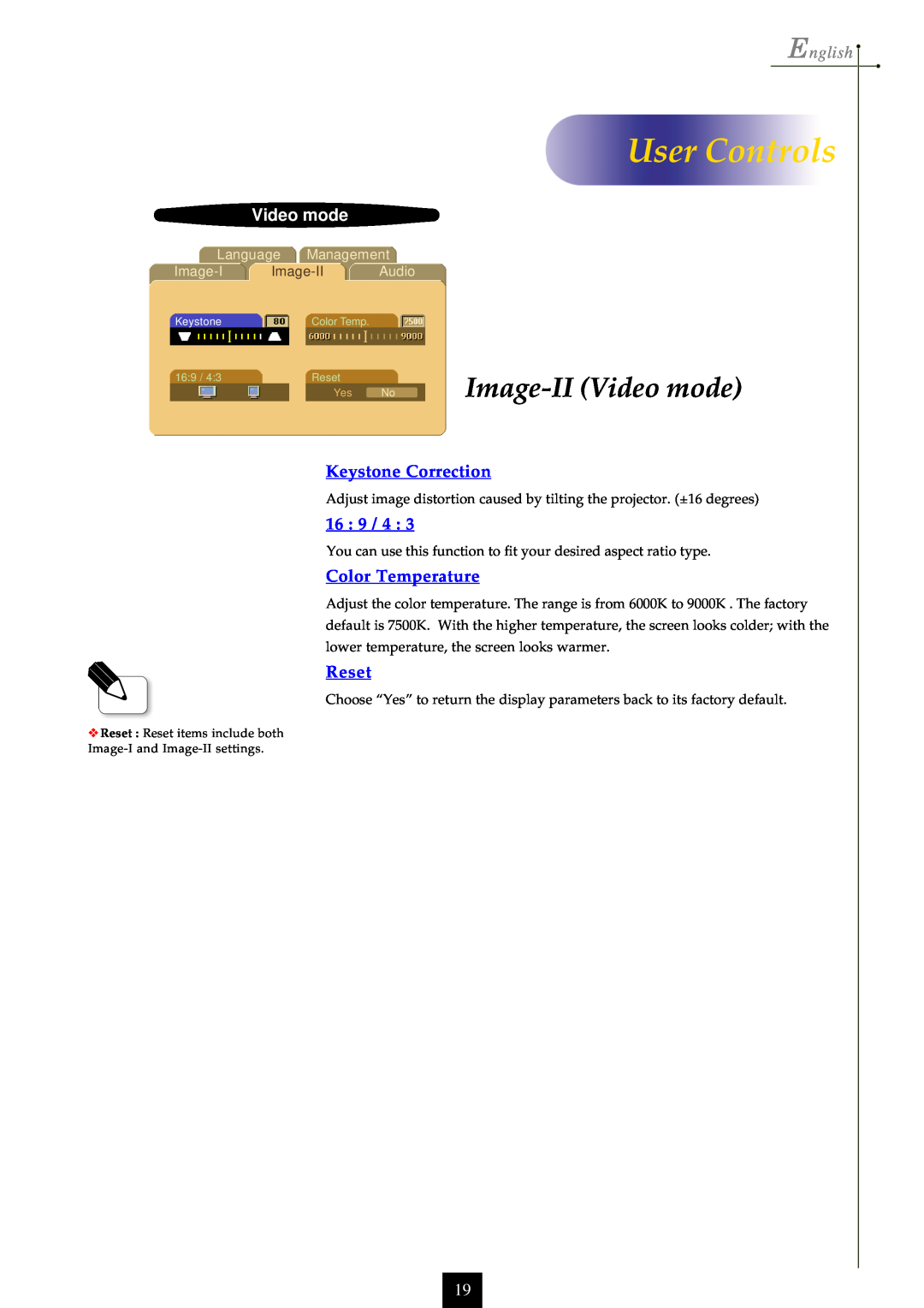 Optoma Technology EP750 Image-II Video mode, Keystone Correction, User Controls, English, 16 9 / 4, Color Temperature 