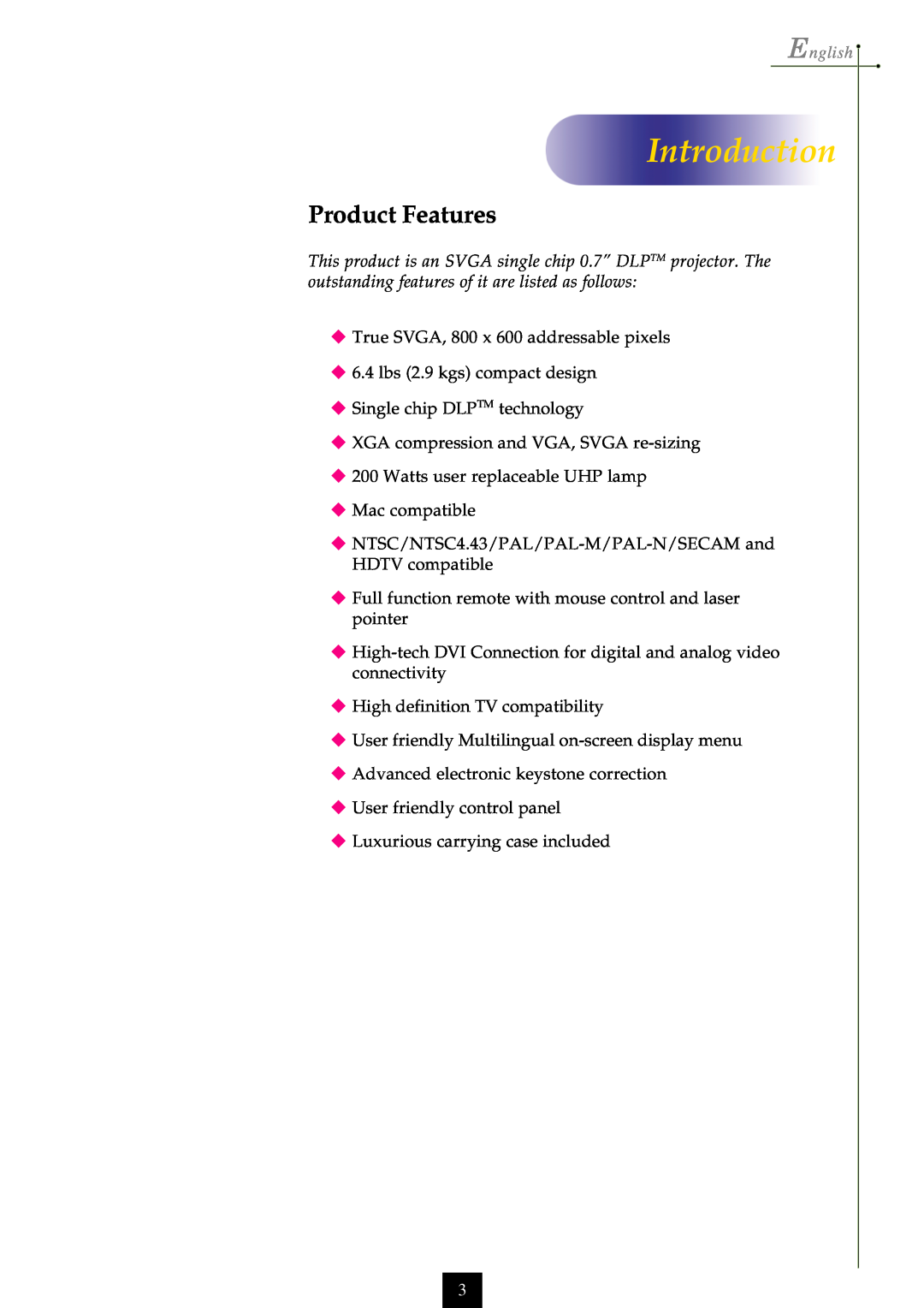 Optoma Technology EP750 specifications Introduction, Product Features, English 