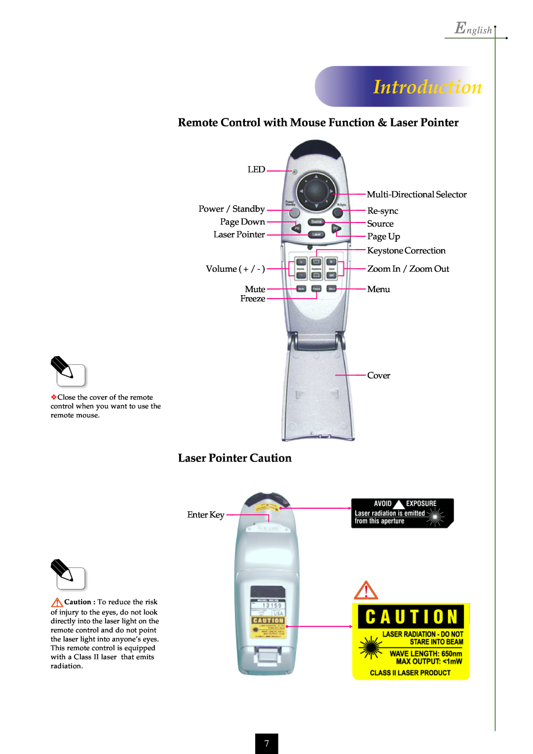 Optoma Technology EP750 Remote Control with Mouse Function & Laser Pointer, Laser Pointer Caution, Introduction, English 