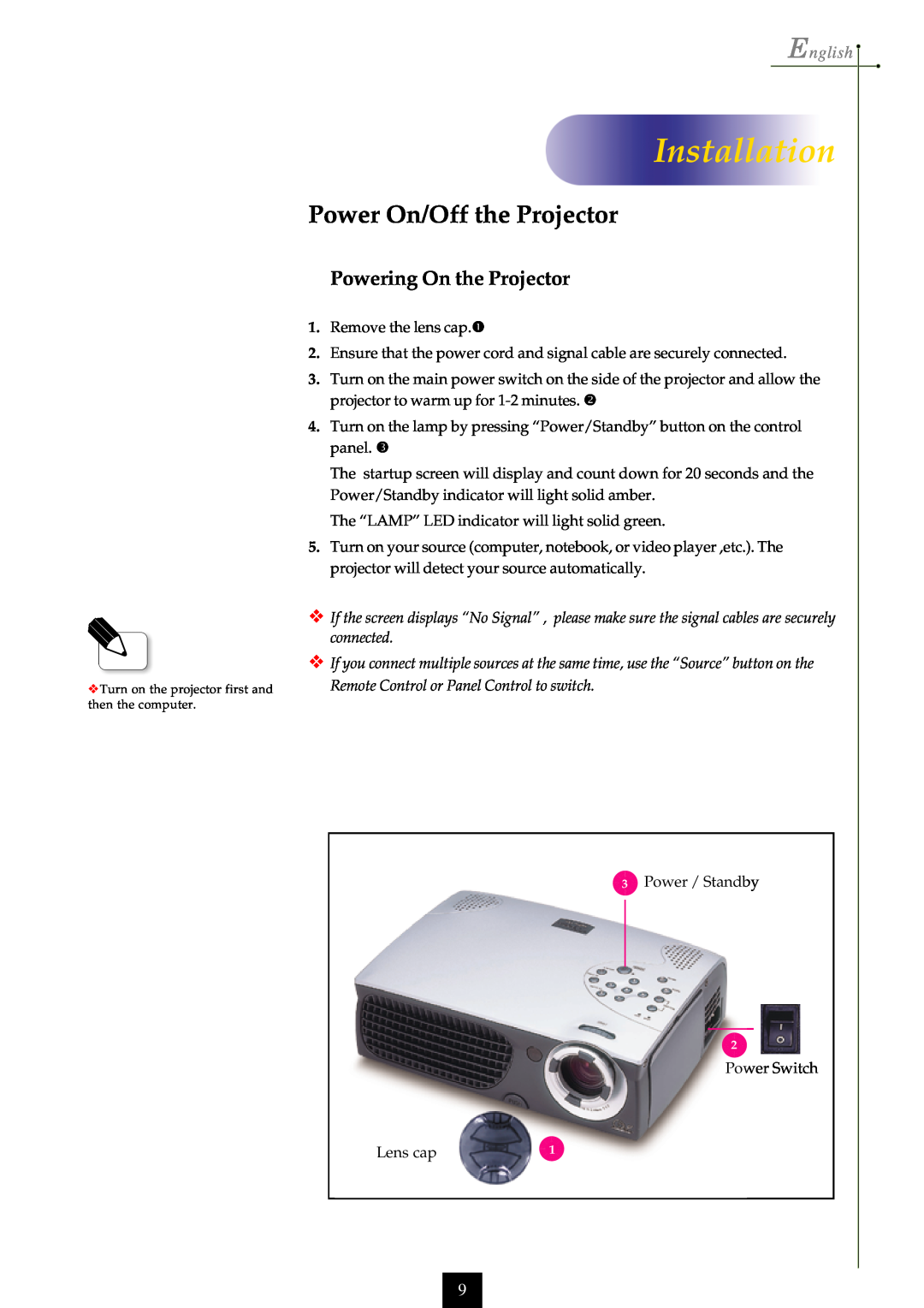 Optoma Technology EP750 Power On/Off the Projector, Powering On the Projector, Installation, English, Lens cap 