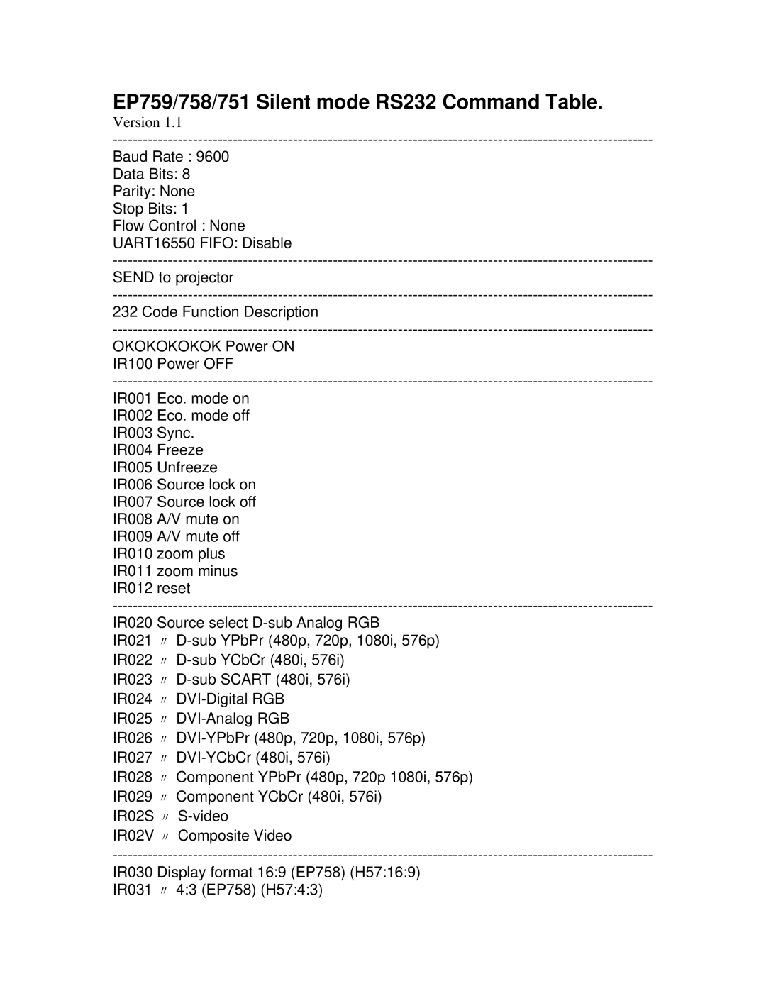 Optoma Technology EP751 manual EP759/758/751 Silent mode RS232 Command Table 