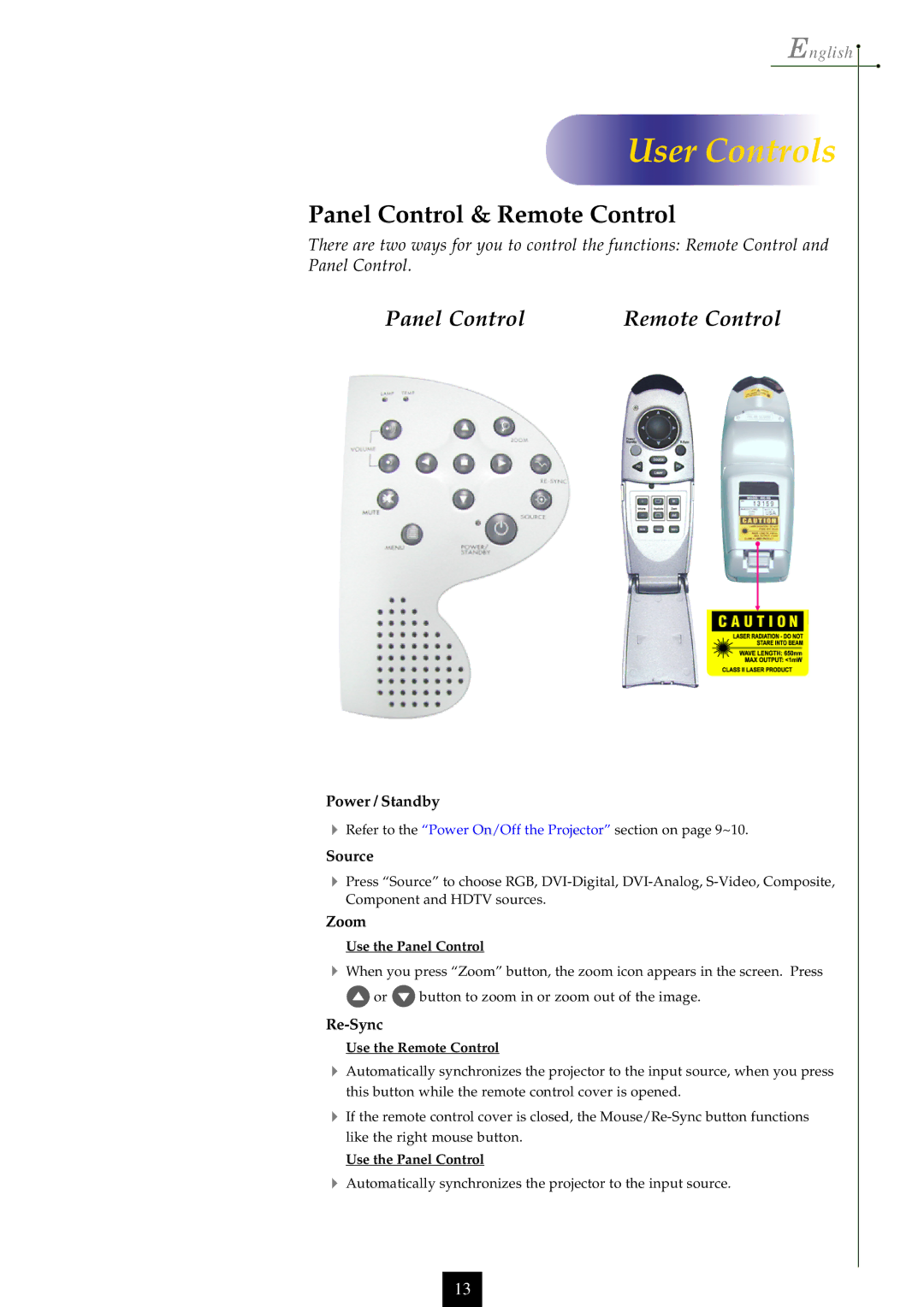 Optoma Technology EP753, EP755 manual User Controls, Panel Control & Remote Control 