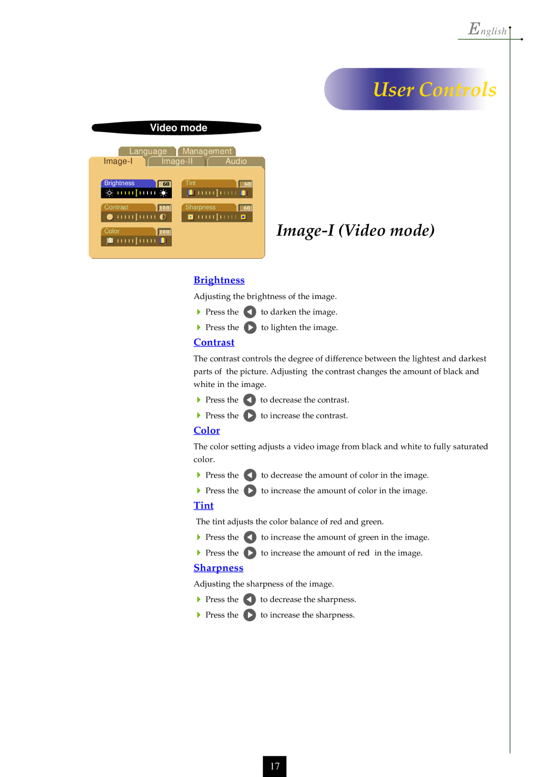 Optoma Technology EP753, EP755 manual Image-I Video mode, Color, Tint, Sharpness 