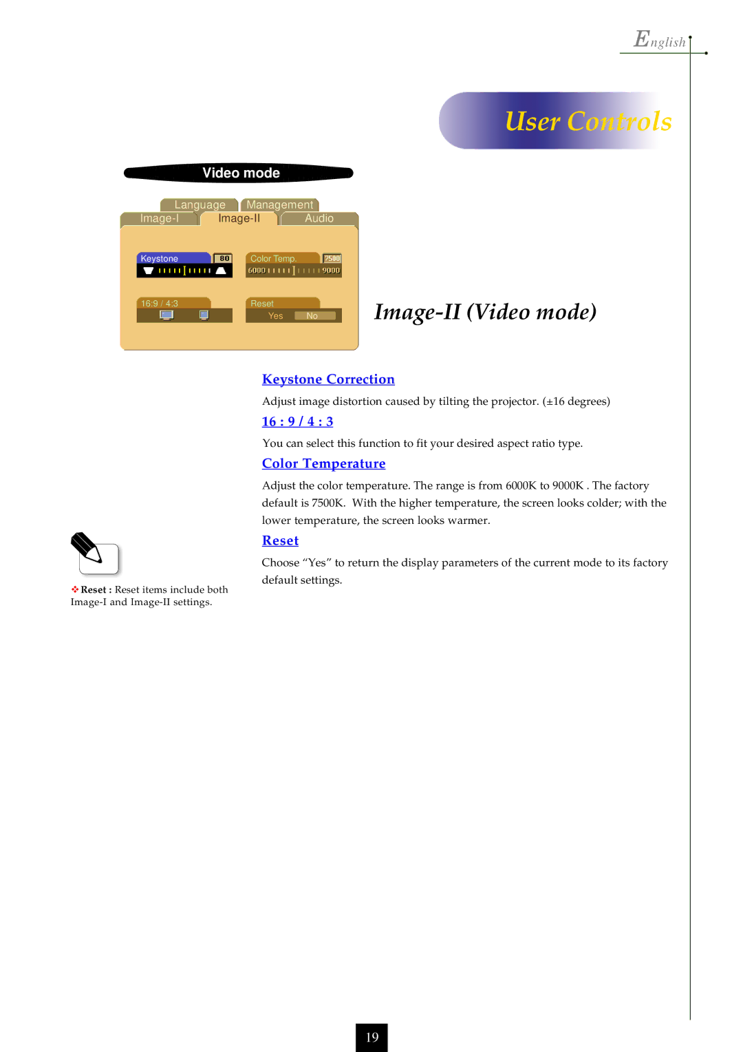 Optoma Technology EP753, EP755 manual Image-II Video mode, Keystone Correction 