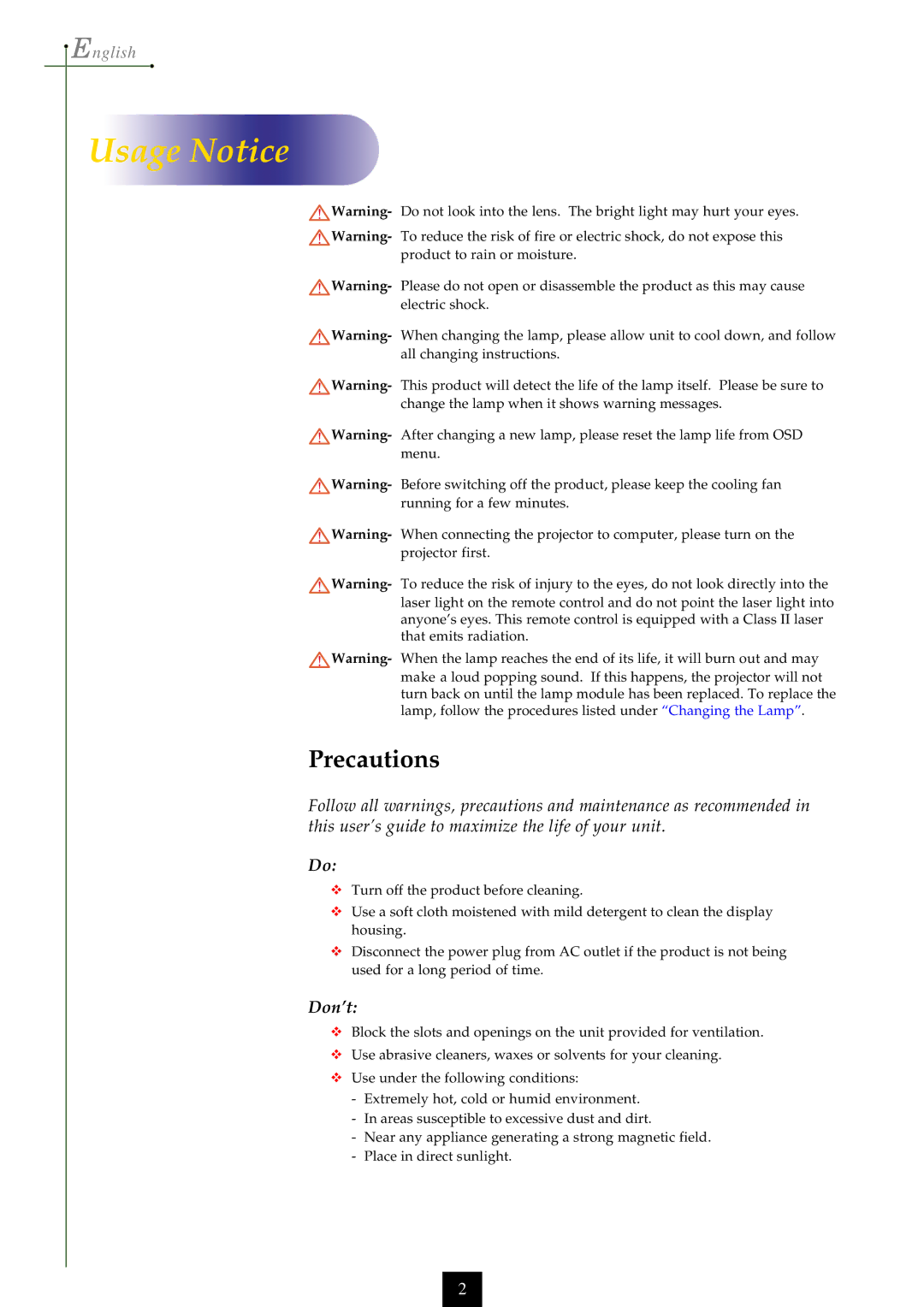 Optoma Technology EP755, EP753 manual Usage Notice, Precautions 