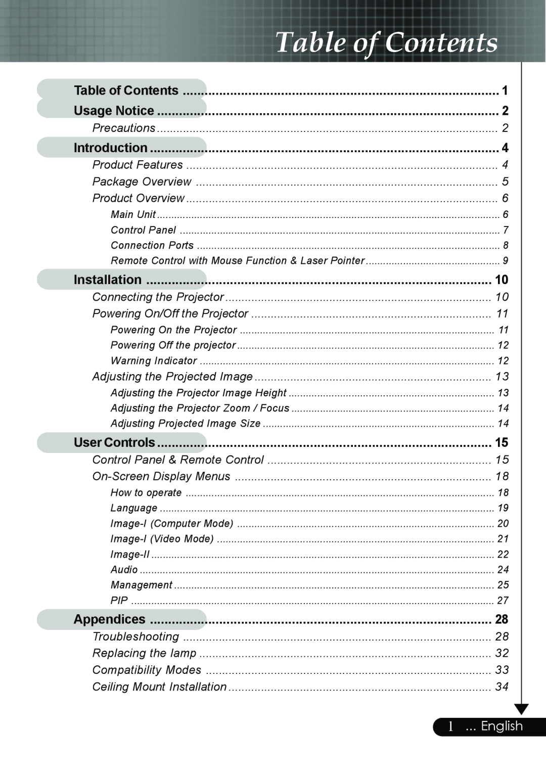 Optoma Technology EP759 manual Table of Contents 