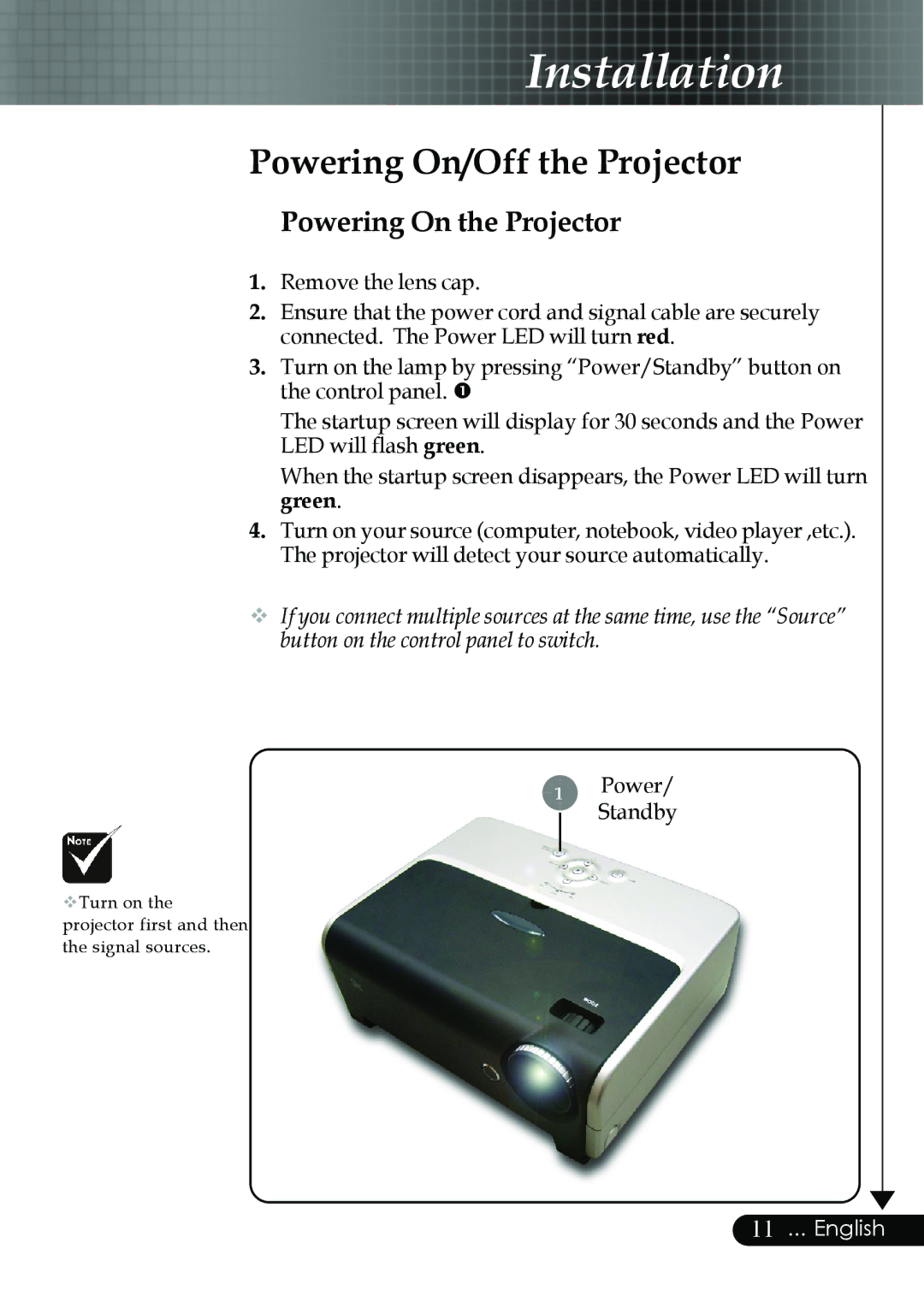 Optoma Technology EP759 manual Powering On/Off the Projector, Powering On the Projector 