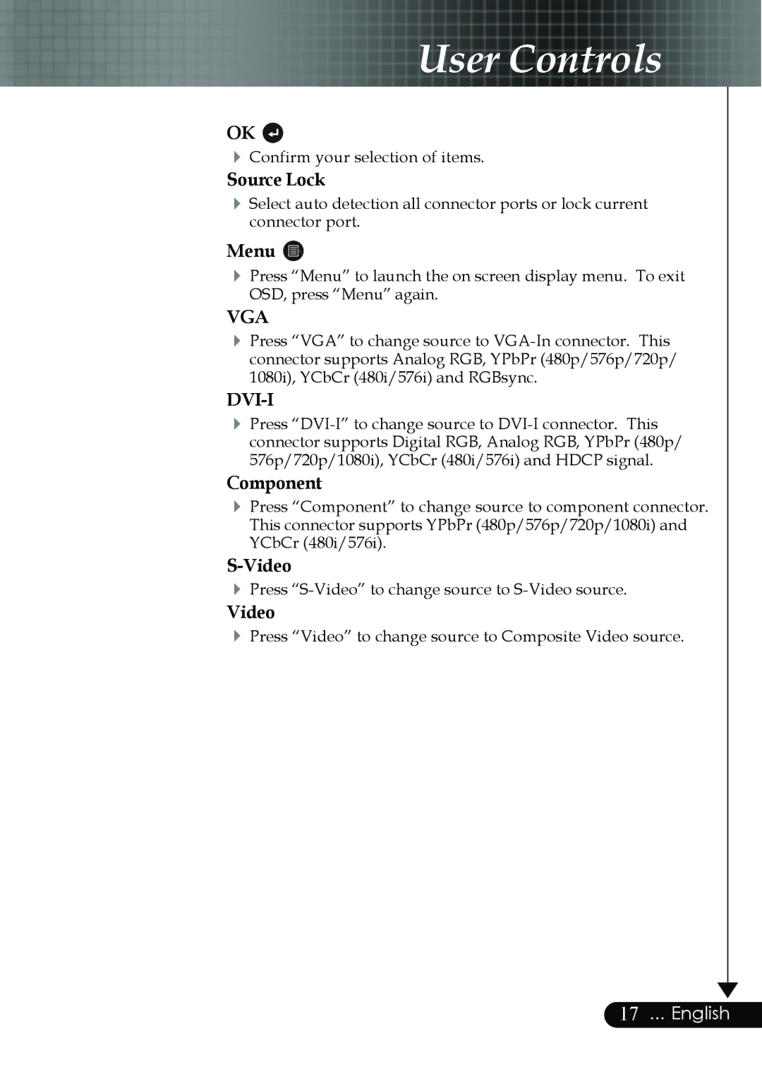 Optoma Technology EP759 manual Source Lock, Component, Video 