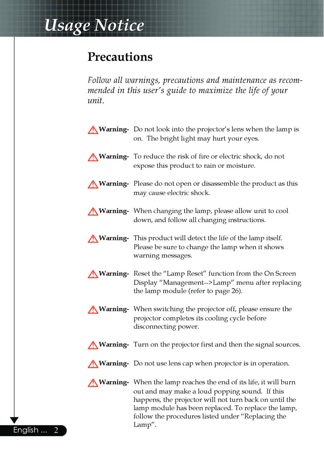 Optoma Technology EP759 manual Usage Notice, Precautions 