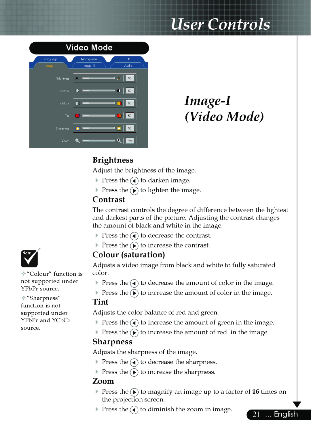 Optoma Technology EP759 manual Image-I Video Mode, Colour saturation, Tint 