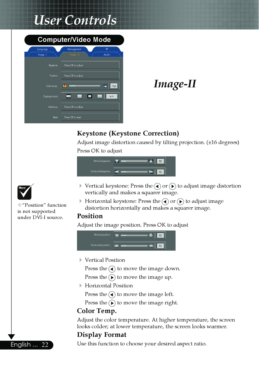 Optoma Technology EP759 manual Image-II, Keystone Keystone Correction, Position, Color Temp, Display Format 