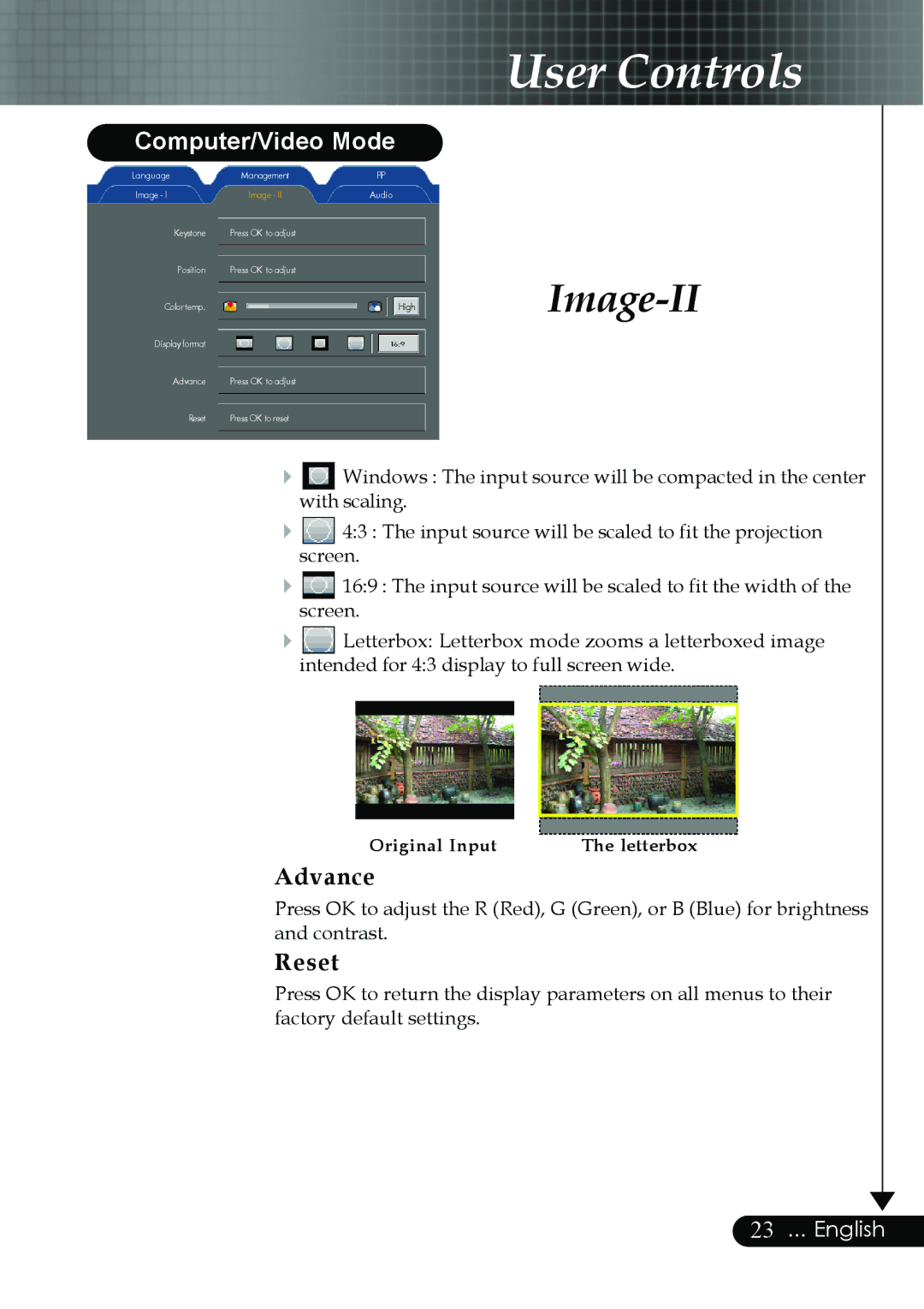 Optoma Technology EP759 manual Advance, Reset 