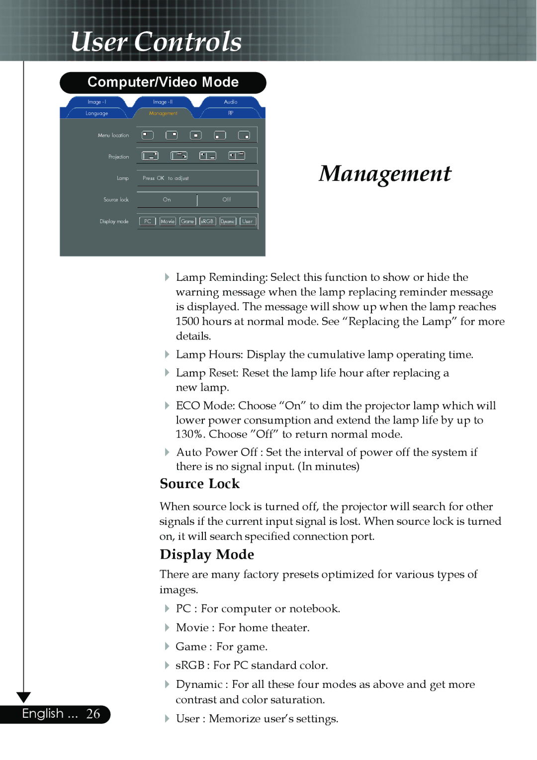 Optoma Technology EP759 manual Source Lock, Display Mode 