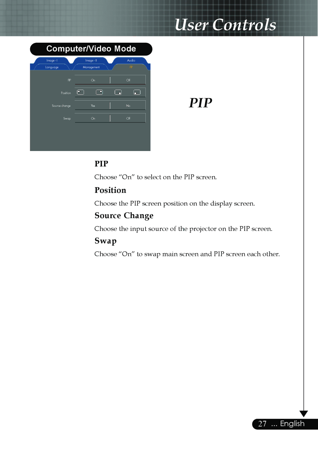 Optoma Technology EP759 manual Source Change, Swap 