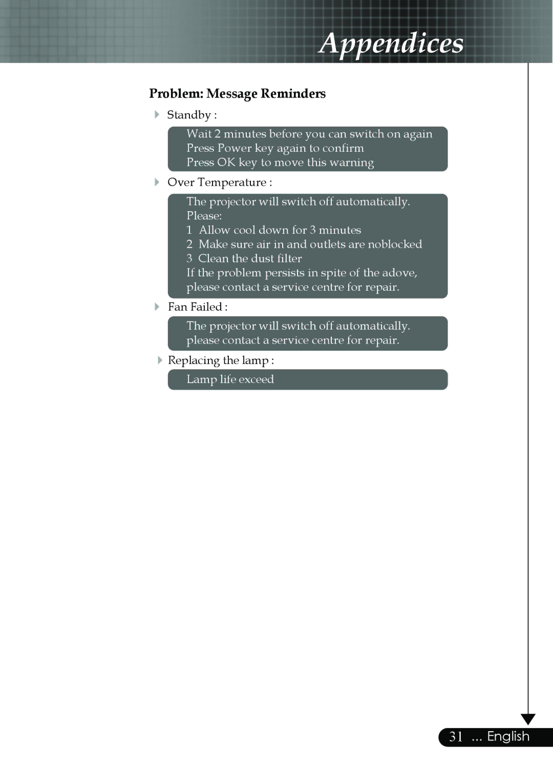 Optoma Technology EP759 manual Problem Message Reminders 