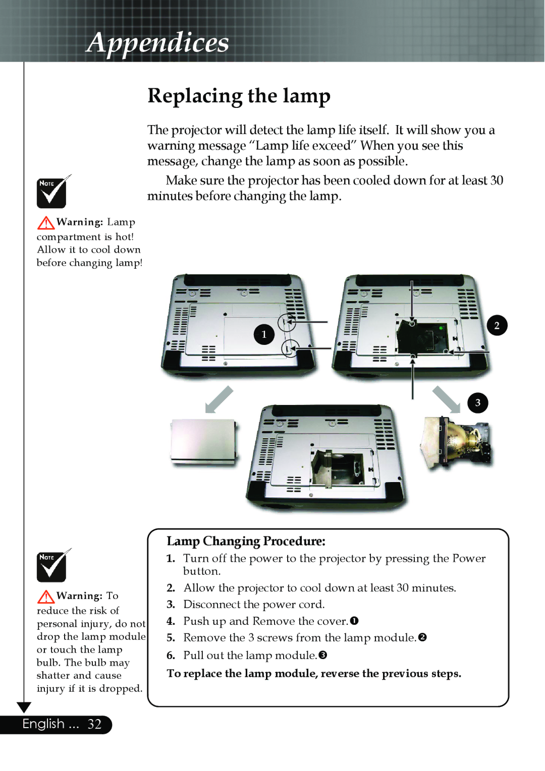 Optoma Technology EP759 manual Replacing the lamp, Lamp Changing Procedure 