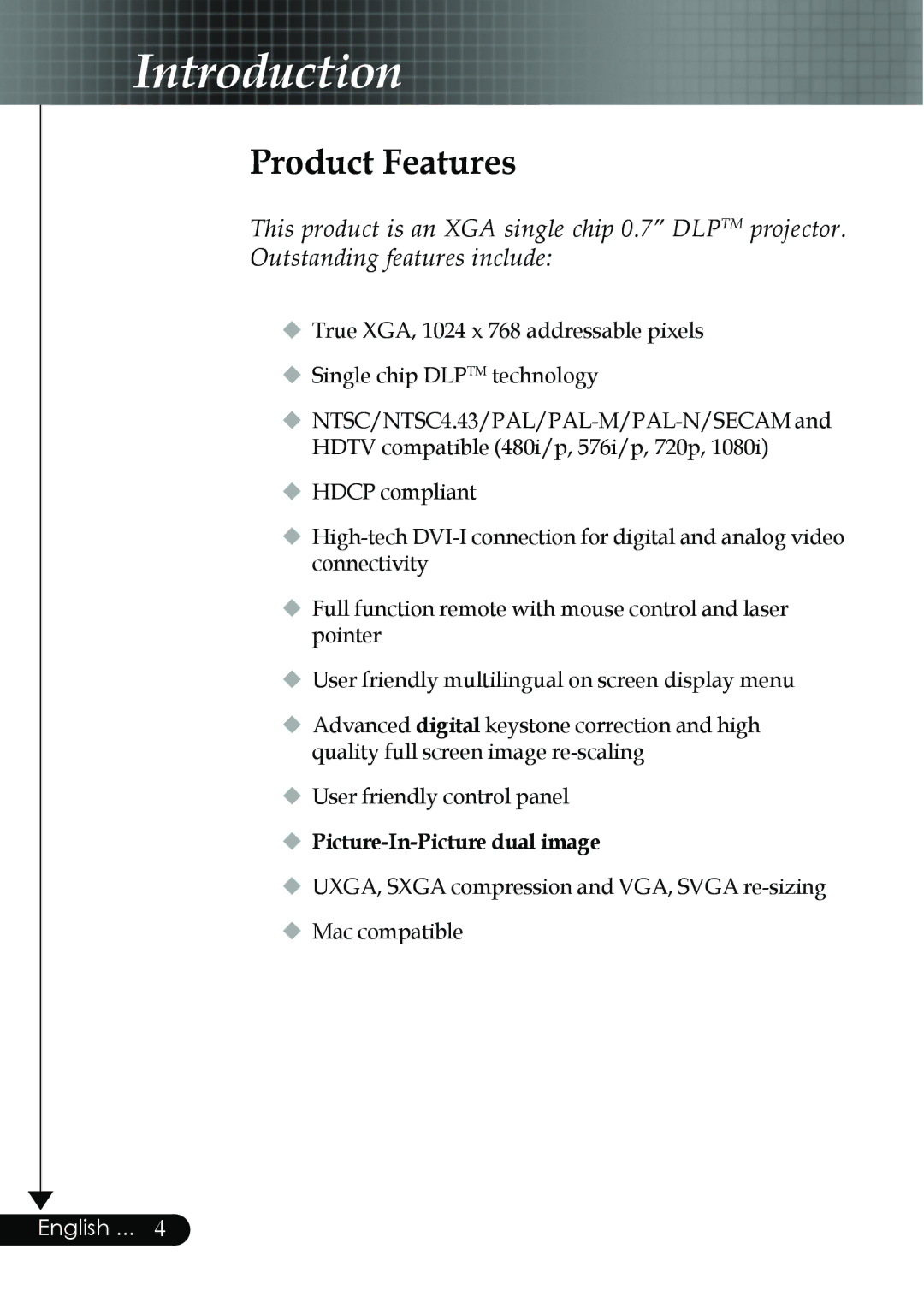 Optoma Technology EP759 manual Introduction, Product Features, ‹ Picture-In-Picture dual image 