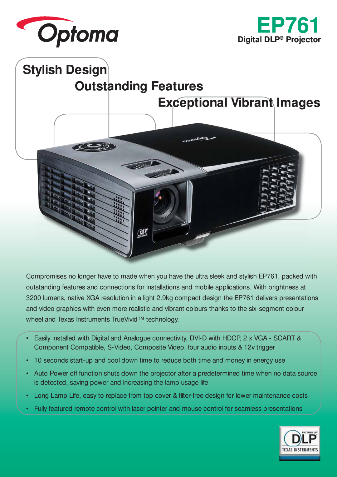 Optoma Technology EP761 manual Stylish Design Outstanding Features, Exceptional Vibrant Images, Digital DLP Projector 