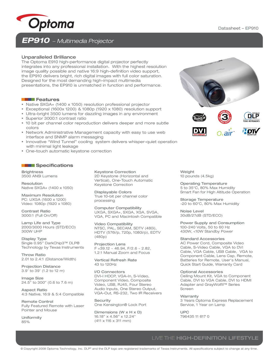 Optoma Technology specifications EP910 − Multimedia Projector, Live the HIGH-DEFINITION Lifestyle, Features 