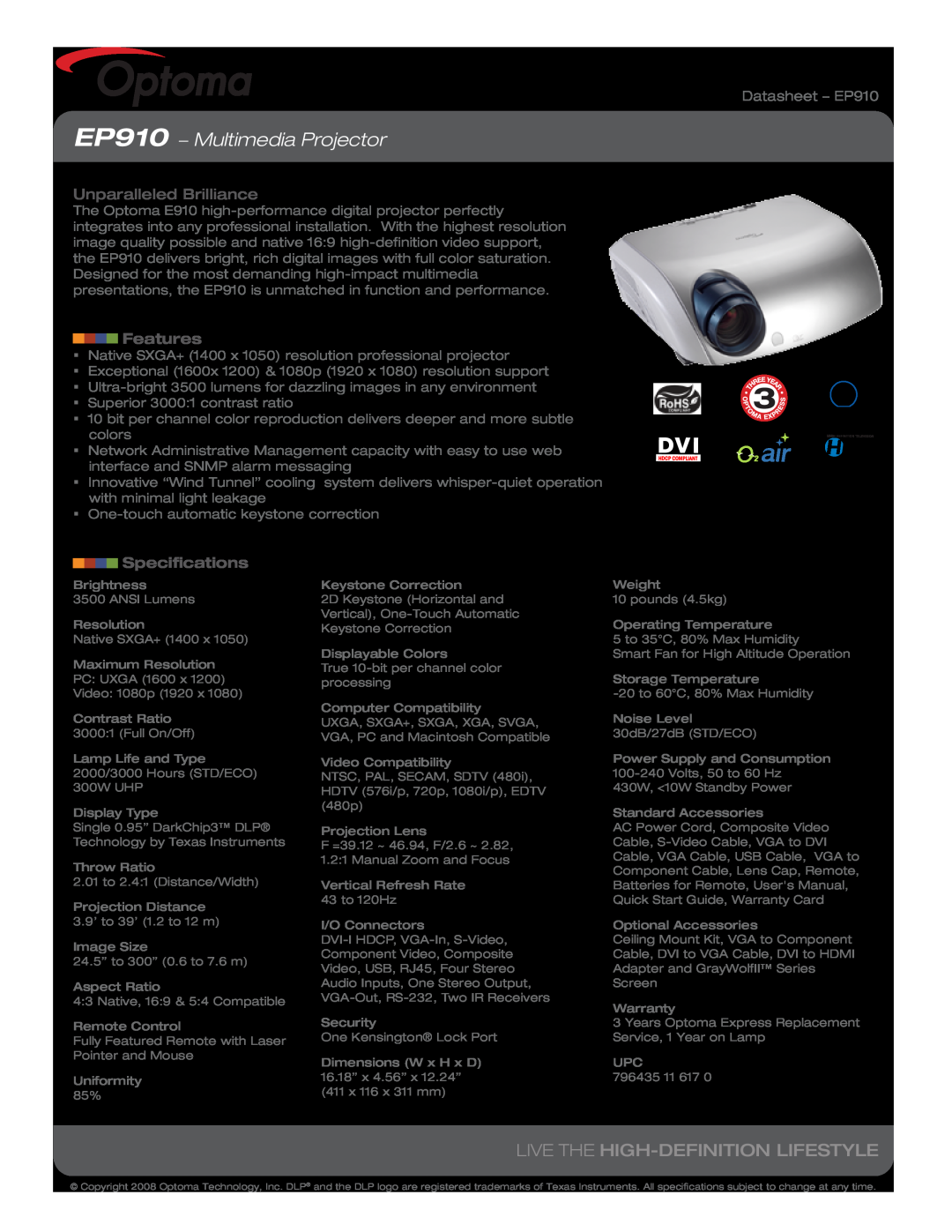 Optoma Technology specifications EP910 − Multimedia Projector, Live The High-Definition Lifestyle, Features 