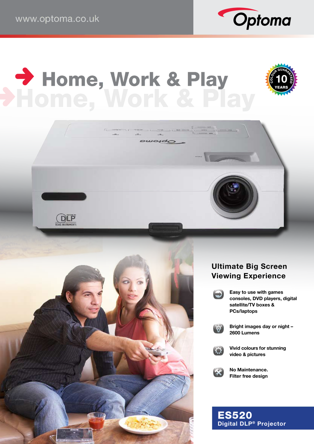 Optoma Technology ES520 manual Home, Work & Play 