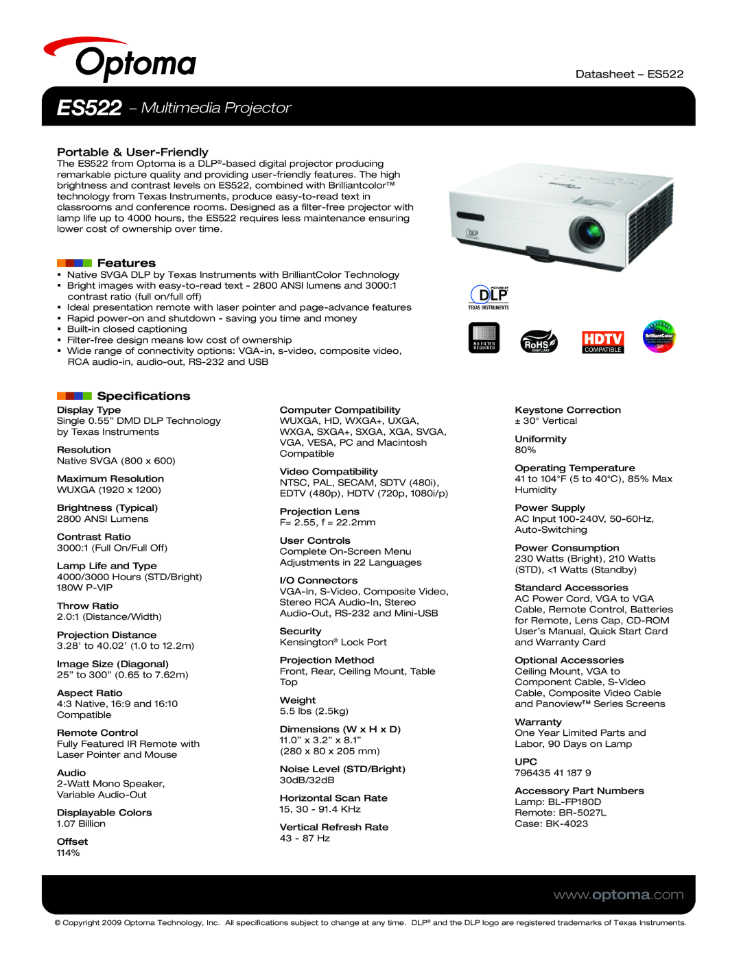 Optoma Technology specifications ES522 − Multimedia Projector, Portable & User-Friendly, Features, Datasheet ES522 