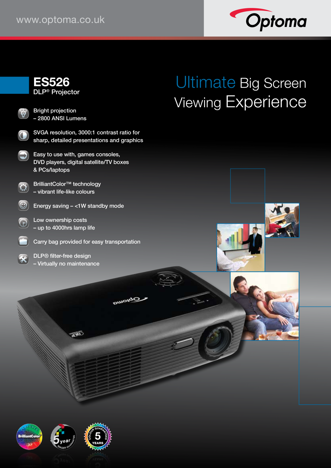 Optoma Technology ES526 manual Viewing Experience, Ultimate Big Screen, DLP Projector 