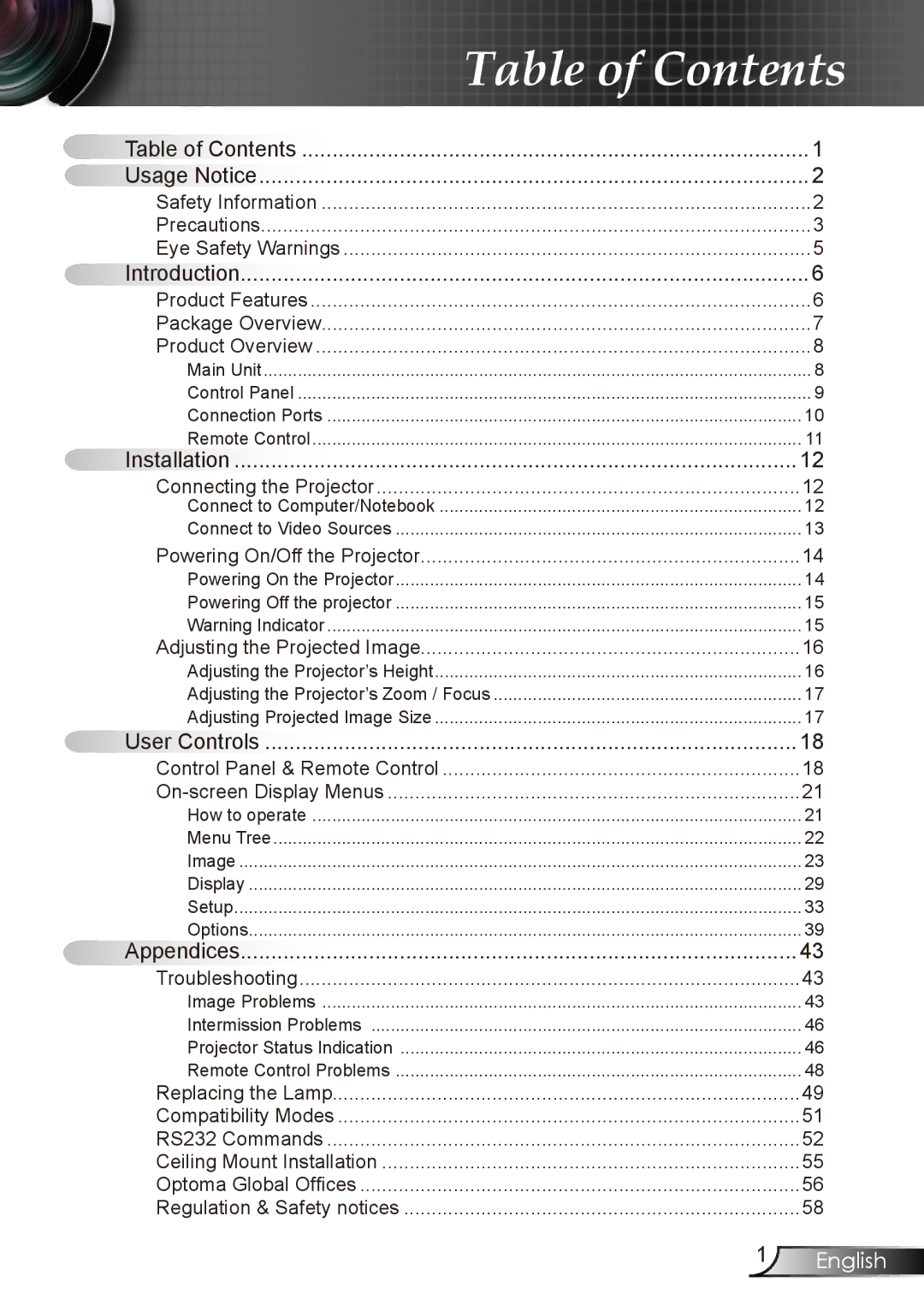 Optoma Technology EW1610 manual Table of Contents 